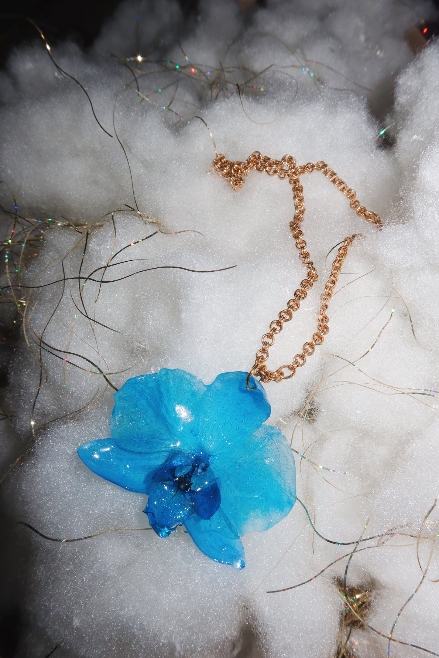 Azure Orchid on Golden Chain Necklace